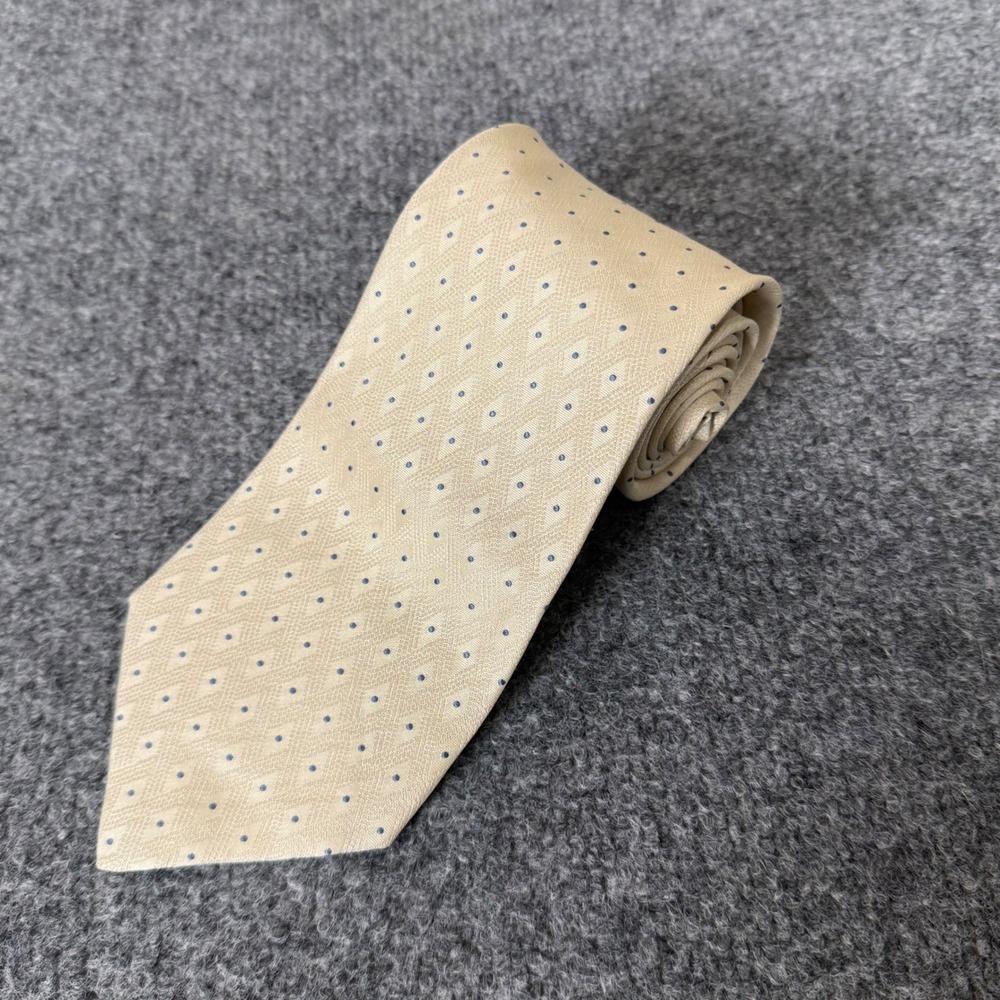 Giorgio Armani Mens Silk Tie Beige Blue Polka Dot Diamond Weave Made in Italy